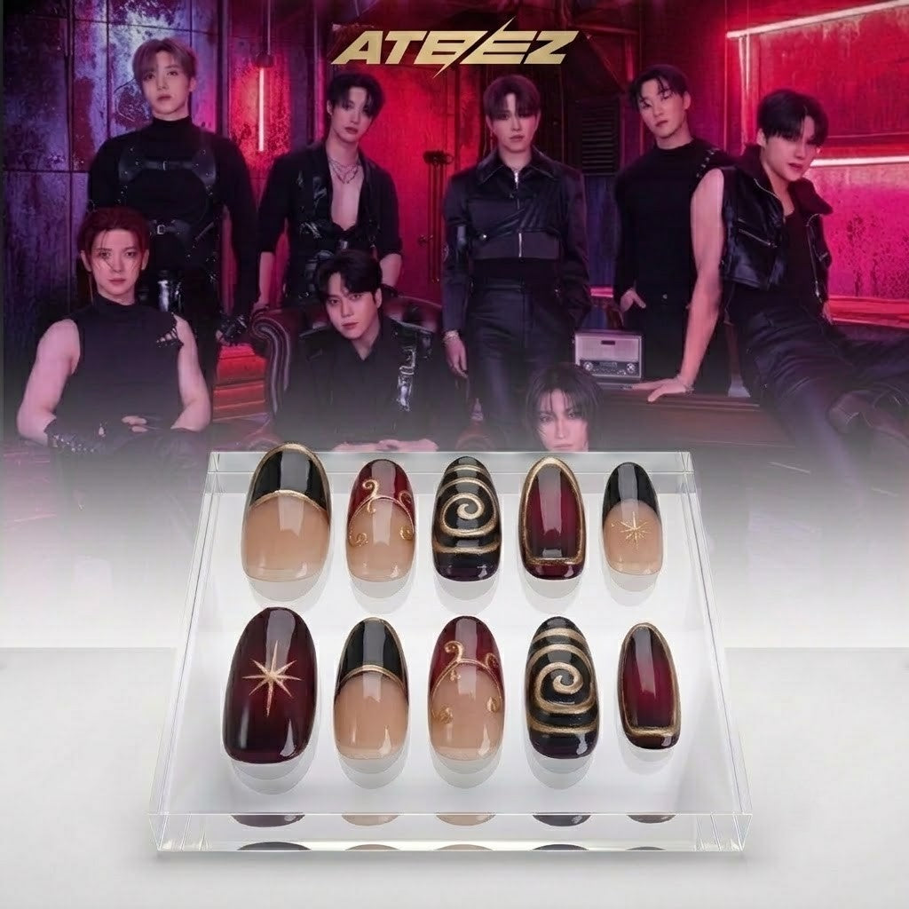 ATEEZ Burgundy & Gold Press-On Nails
